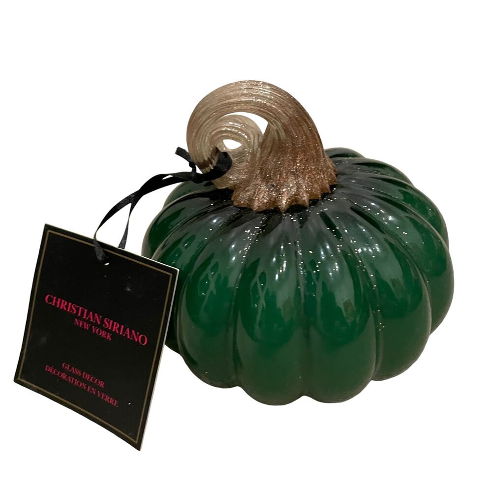 CHRISTIAN SIRIANO Hand Blown Art Glass Pumpkin Emerald Green Gold Stem New - Picture 9 of 10